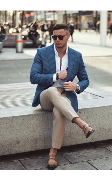 khaki pants white shirt blue blazer